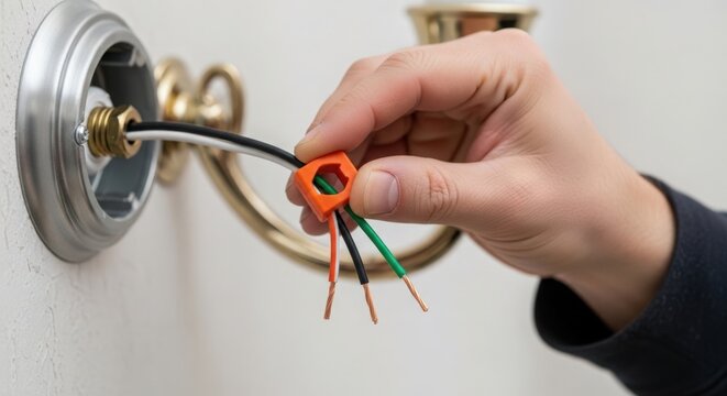 Hand connecting electrical wires in wall with wire connector tool for home renovation. Wiring includes black, green, and copper wires attached to wall light. Concept of home improvement projects.