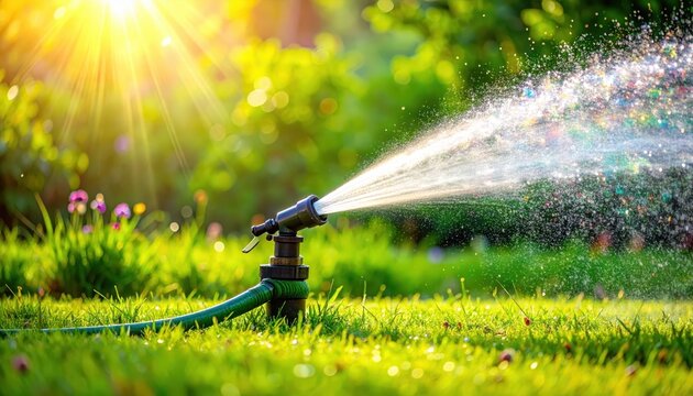 A garden hose spraying water on a sunlit green lawn, creating a refreshing mist and vibrant droplets