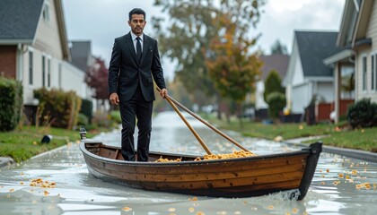 Obraz premium A man in a formal suit rows a wooden boat through a street flooded with milk, a surreal journey through an unexpected environment.