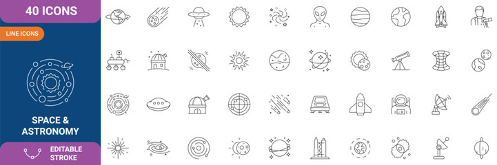 Space & Astronomy icon set. Containing satellite, universe, astronaut, rocket, comet, telescope and planet and etc. line Icon. Vector illustration. Editable stroke © Ariful