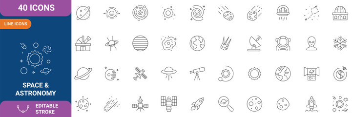 Space & Astronomy icon set. Containing satellite, universe, astronaut, rocket, comet, telescope and planet and etc. line Icon. Vector illustration. Editable stroke © Ariful