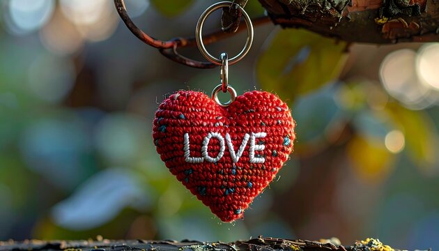 Red heart shaped love keychain hanging.