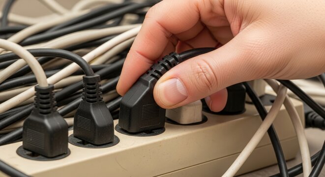 Hand plugging in electrical cord into power strip amidst tangled wires. Power strip connecting multiple plugs demonstrating electrical connection.