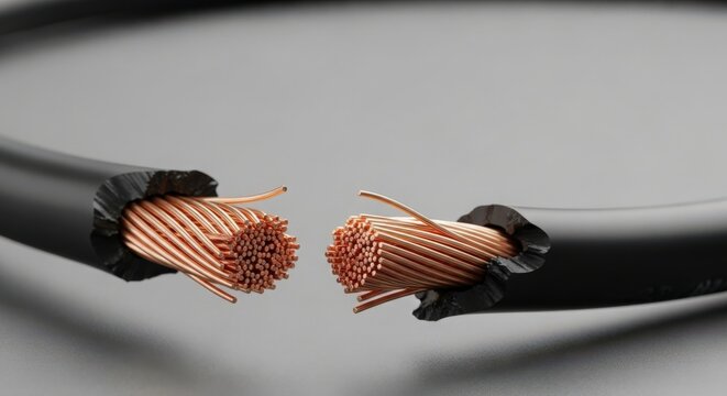 Close-up of electrical wiring with exposed copper strands and black insulation, showcasing electrical cable construction and details.