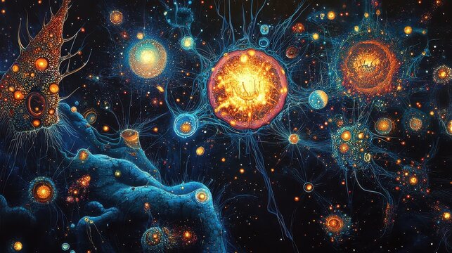 Vibrant Cosmic Nebula with Glowing Stars and Galaxies in Deep Space