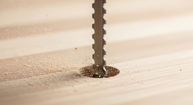 Close-up of woodworking process with saw cutting through wood, sawdust flying during cutting action. Woodworking involves precise craftsmanship and tools for creating furniture and structures.