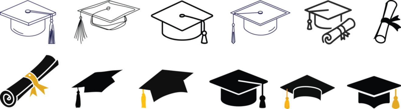 Graduation cap icon set, university or college graduation hat icon, student graduation cap , student hat outline and filled vector sign. Education symbol, logo silhouette vector