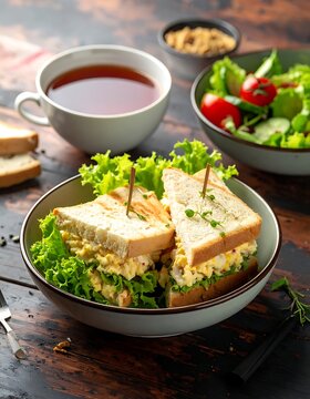 Sandwiches and salad with tea.