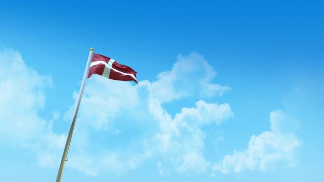 Denmark Flag 3D Render Animation on Pole with Blue Sky and Clouds - Low Angle View