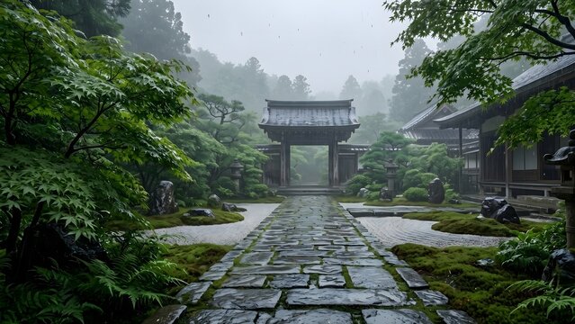 Serene wide-angle view of a traditional Japanese Zen garden on a misty rainy day, featuring a wet stone path leading to a temple gate, surrounded by lush moss, manicured trees, and raked sand.