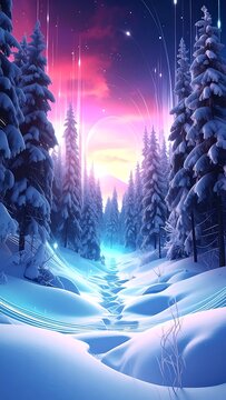 Snowy forest with glowing pathway at dusk.