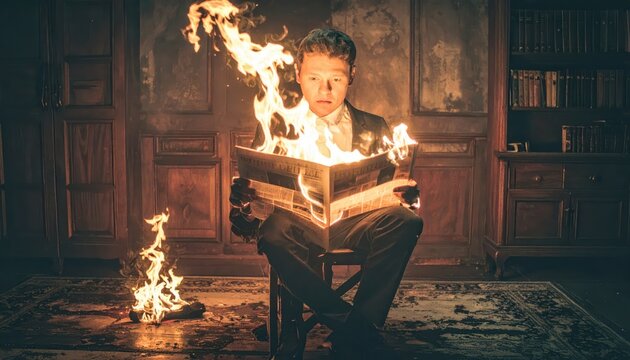 A Man Reading a Newspaper Engulfed in Flames While Remaining Calm Amidst a Fiery Scene
