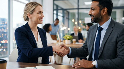 Fototapeta premium A close-up image of a business handshake between people of different nationalities, illustrating the concept of partnership and agreement.