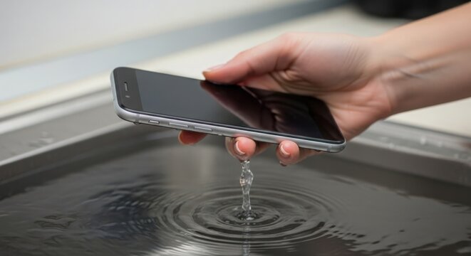 Smartphone being submerged in water with visible splash ripples. Water droplets cascade down the sleek device as it descends into the liquid.