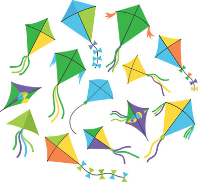 Colorful flying kite festival vector illustration set with various traditional diamond kites and decorative tails isolated on white background