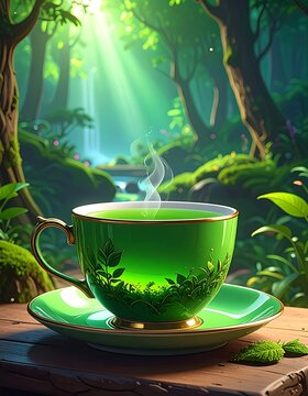 Steaming green tea in forest setting.