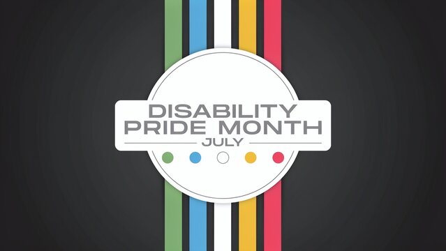 Oval July is Disability Pride Month Flag Graphic with Multi-Colored Stripes on Dark