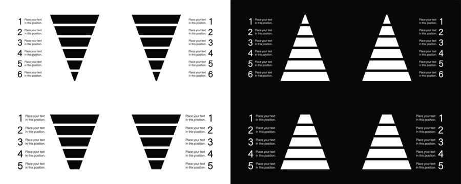 Inverted pyramid and funnel infographic templates with 5 and 6 steps process chart for business presentation linear workflow diagram