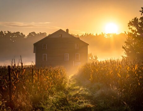Sunrise over rural farmhouse landscape scene.