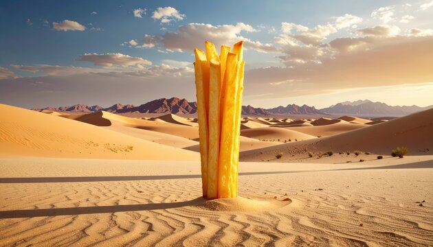A Giant French Fry Stands Tall in a Surreal Desert Landscape Under a Cloudy Sky
