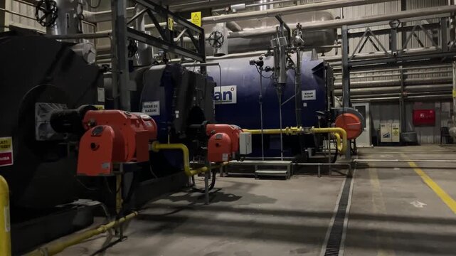 Industrial boiler room interior with steam boiler, hot water boiler and thermal oil heater system
