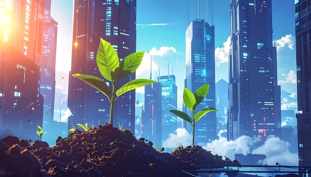 Sustainable urban growth with green shoots.