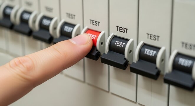 Pressing test button on electrical panel with finger activating safety feature for inspection and maintenance tasks.