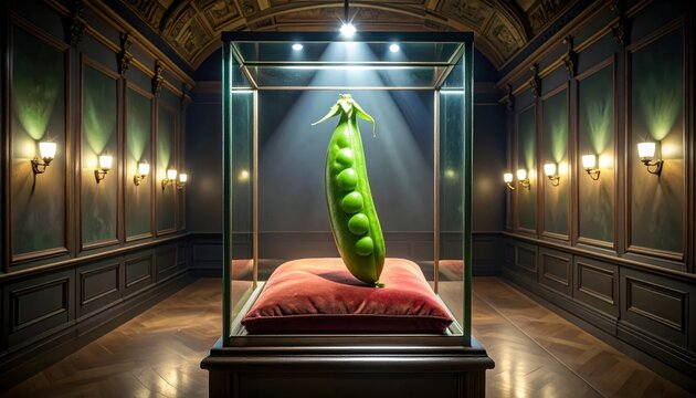 A Giant Green Pea Displayed Inside a Museum Exhibit on a Velvet Cushion Under Spotlight