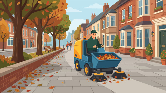 Man operating leaf sweeper on street.