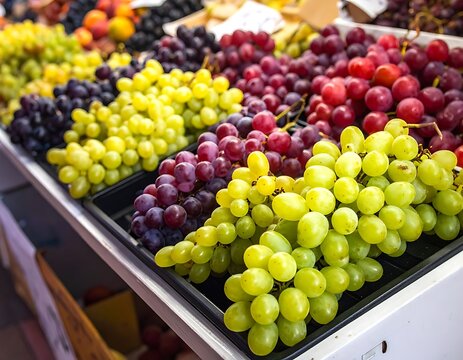 Variety of grapes on display market.