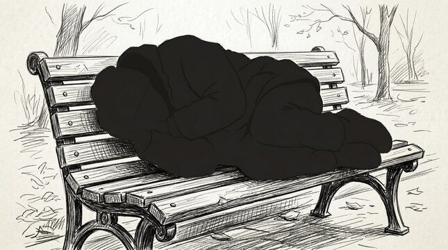 Pencil Sketch Silhouette of Dog Sleeping on Wooden Bench in Snowy Park