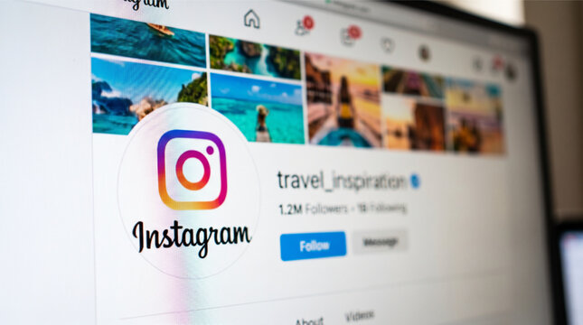 Instagram profile page for travel inspiration influencer on computer screen display monitor with social media logo follower count and photography grid for digital marketing and content creator.