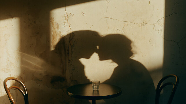Romantic couple shadow kissing on cafe wall at sunset