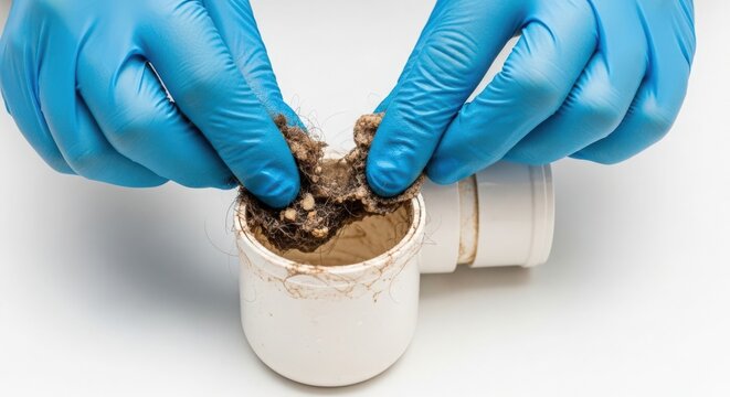 Cleaning clogged drain with gloved hands removing debris from pipe. Hands in blue gloves hold waste material extracted from plumbing pipe. Concept plumbing maintenance and home repair.