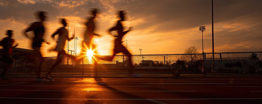 Runners race at sunset on track