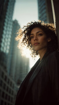 Elegant business woman in city light with empowered style