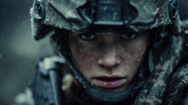Woman soldier focused during intense military mission