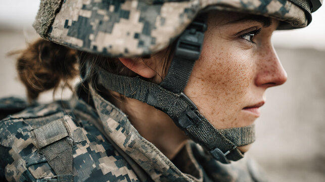 Focused female soldier in military gear during wartime