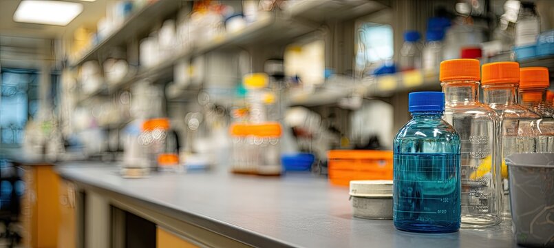 A laboratory bench with various glass containers and liquid-filled bottles
