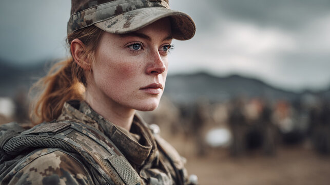 Determined female soldier in military attire