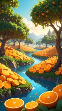 Vibrant Orange Trees by Serene River.