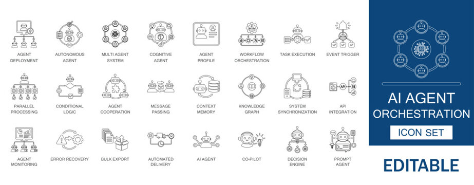 AI Agent Orchestration Vector Icon Set Autonomous System Multi Workflow Automation Processing Cognitive Logic Decision Engine Integration Template.