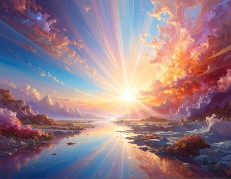 Vibrant Sunset over Serene Water Landscape.