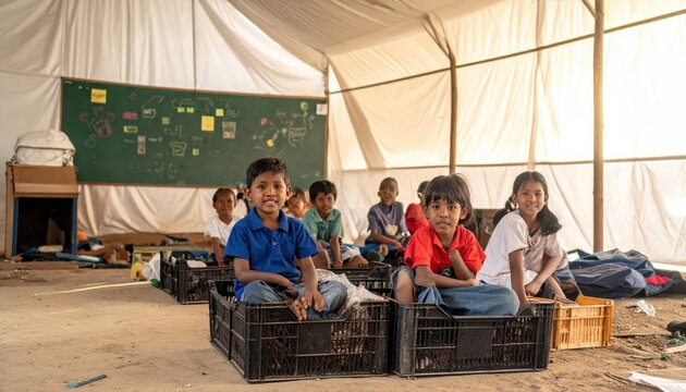 Young students in a makeshift classroom under a tarp, learning and smiling despite basic conditions, representing hope and resilience in education.
