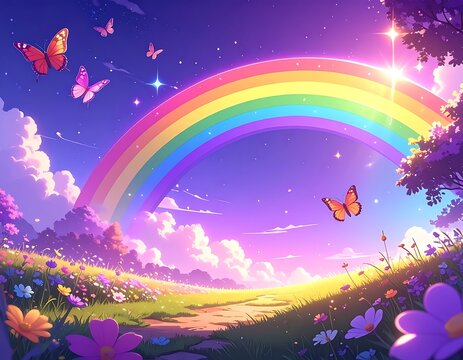 Vibrant rainbow in sunny sky with butterflies.
