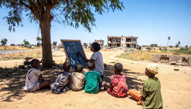 Young teacher guides children in an open-air classroom under a tree, fostering education in a developing community.