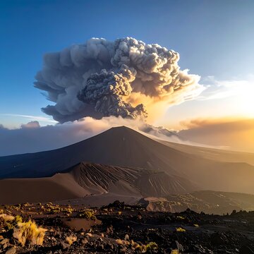 Volcanic eruption with large smoke cloud.