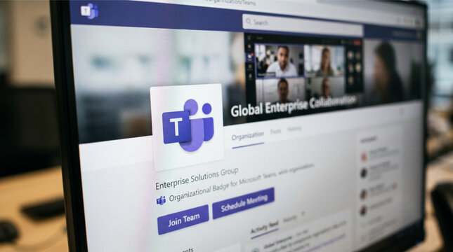 Microsoft Teams software interface on a computer monitor screen showing global enterprise collaboration platform with video conference participants, meeting scheduling, and communication tools.
