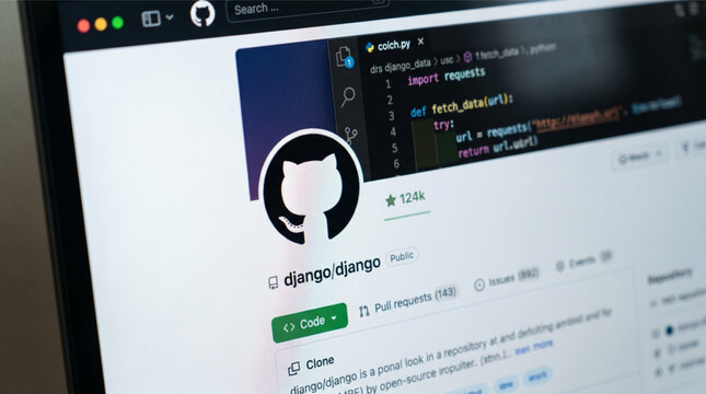 Django Web Framework GitHub Repository Page and Python Source Code in Text Editor on Laptop Screen Display Programming Software Development Open Source Project Collaboration Technology Coding Tool