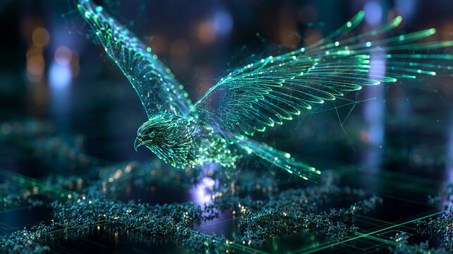 Futuristic 3D illustration of an eagle flying fast with glowing digital data stream wings